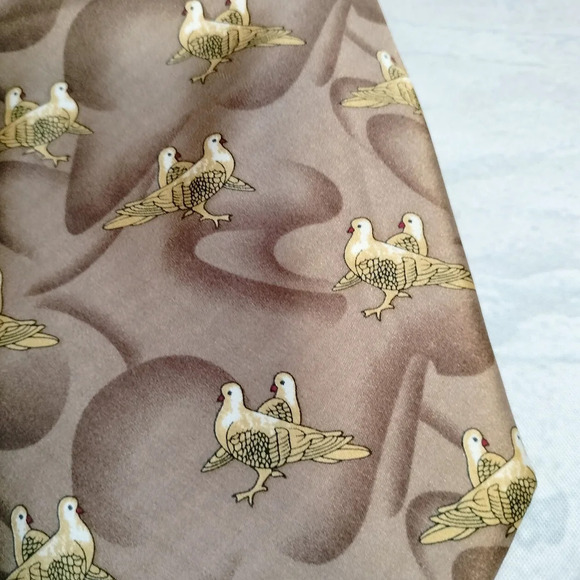 Kai Long Silk Tie Necktie Tan Brown Abstract Birds Handmade 56x4. B - Picture 2 of 7